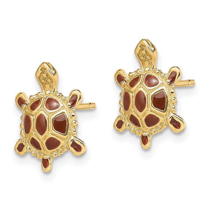 14K Sea Turtle W/Spiny Brown Enamel Shell Earrings-TE679