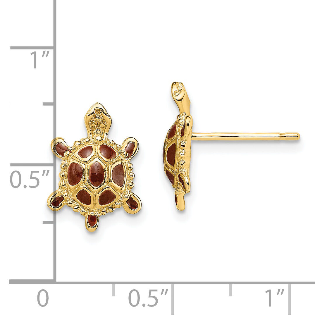 14K Sea Turtle W/Spiny Brown Enamel Shell Earrings-TE679