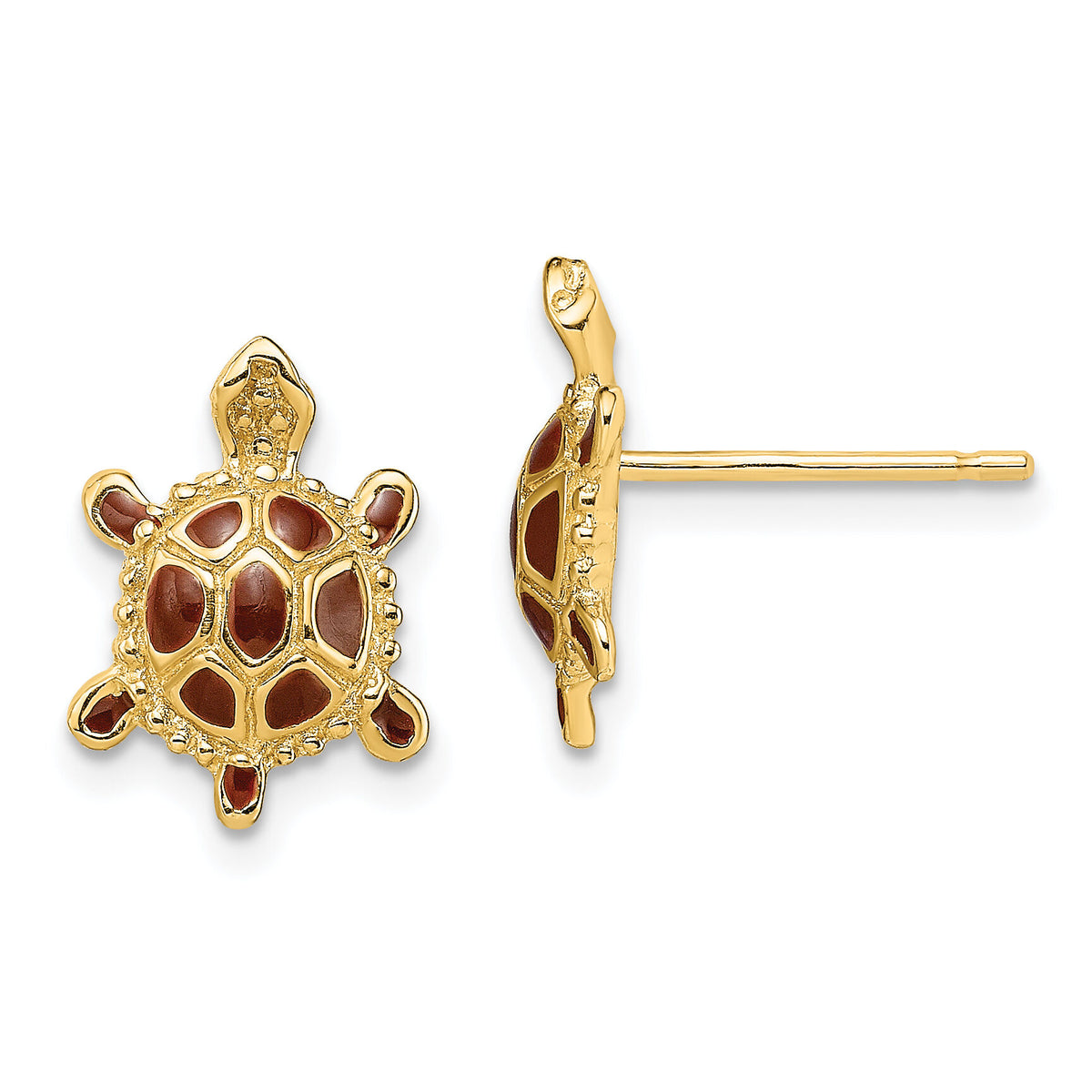 14K Sea Turtle W/Spiny Brown Enamel Shell Earrings-TE679
