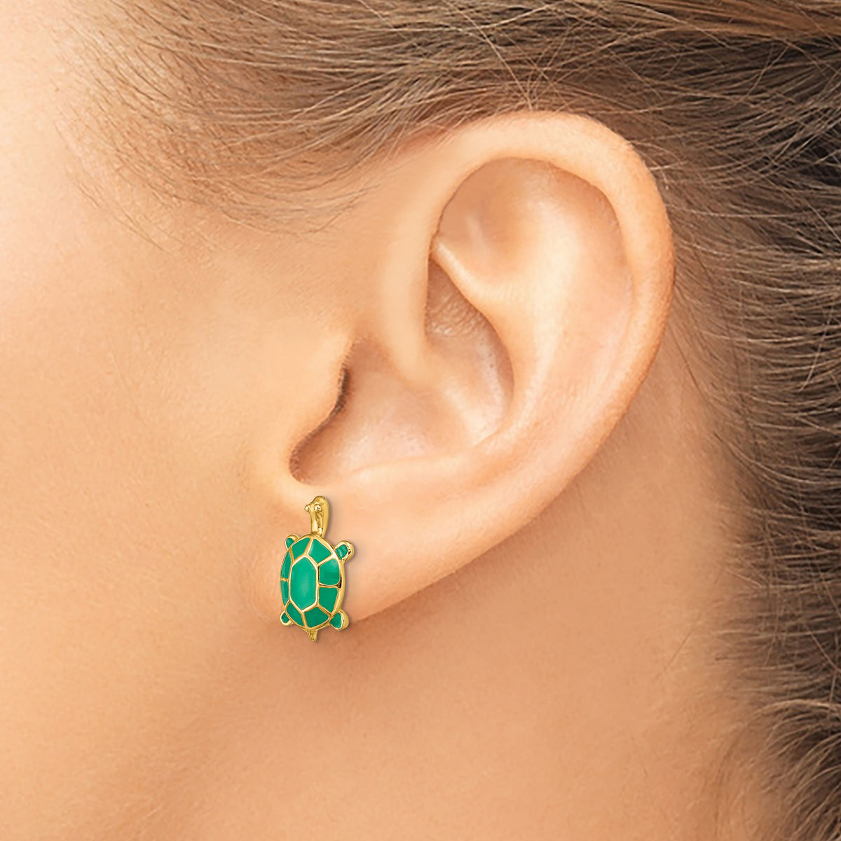 14K Land Turtle W/Green Enamel Shell Earrings-TE687