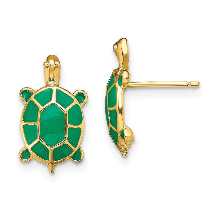 14K Land Turtle W/Green Enamel Shell Earrings-TE687