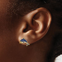 14K Blue and White Enamel Dolphin Post Earrings-TE689