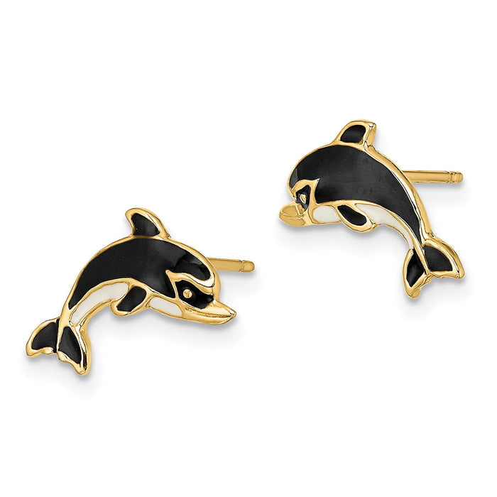 14K White and Black Enamel Dolphin Post Earrings-TE690