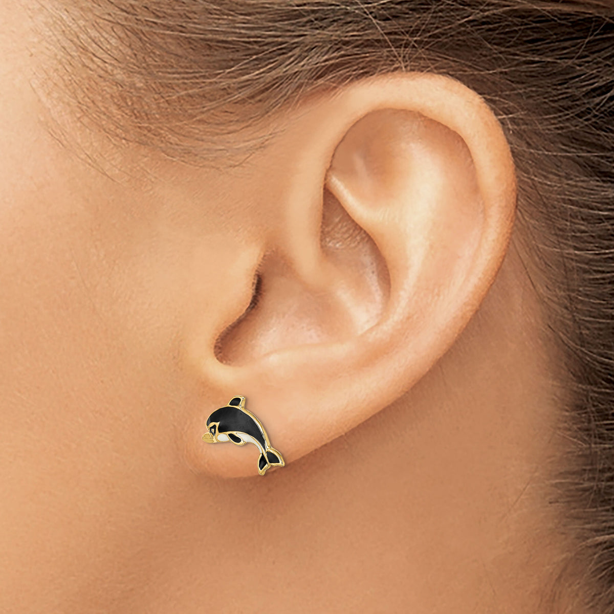 14K White and Black Enamel Dolphin Post Earrings-TE690