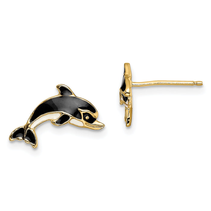 14K White and Black Enamel Dolphin Post Earrings-TE690