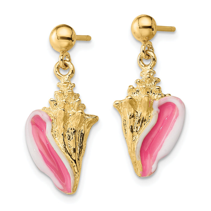 14K White and Pink Enamel Conch Shell Dangle Earrings-TE703