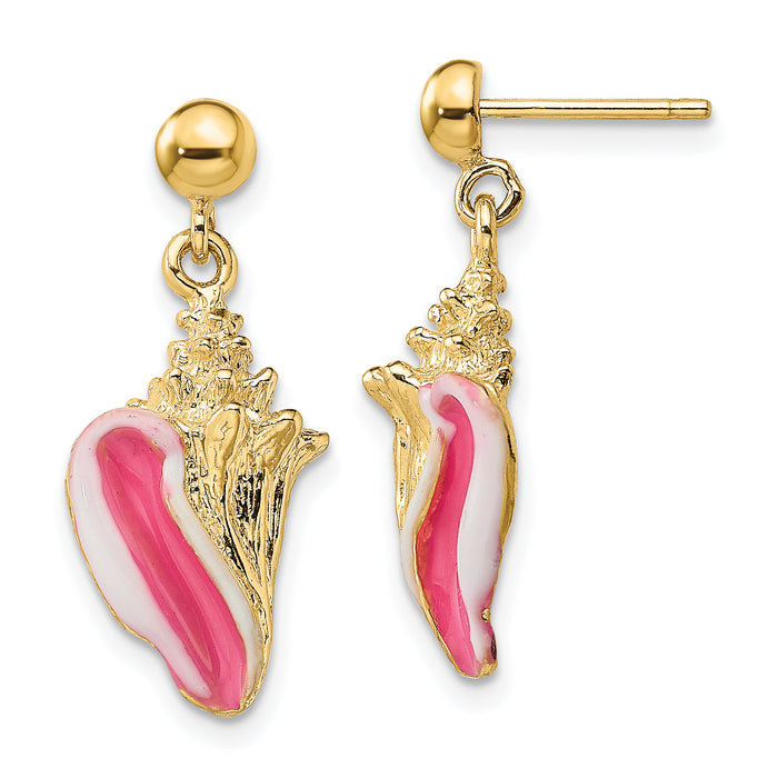 14K White and Pink Enamel Conch Shell Dangle Earrings-TE703