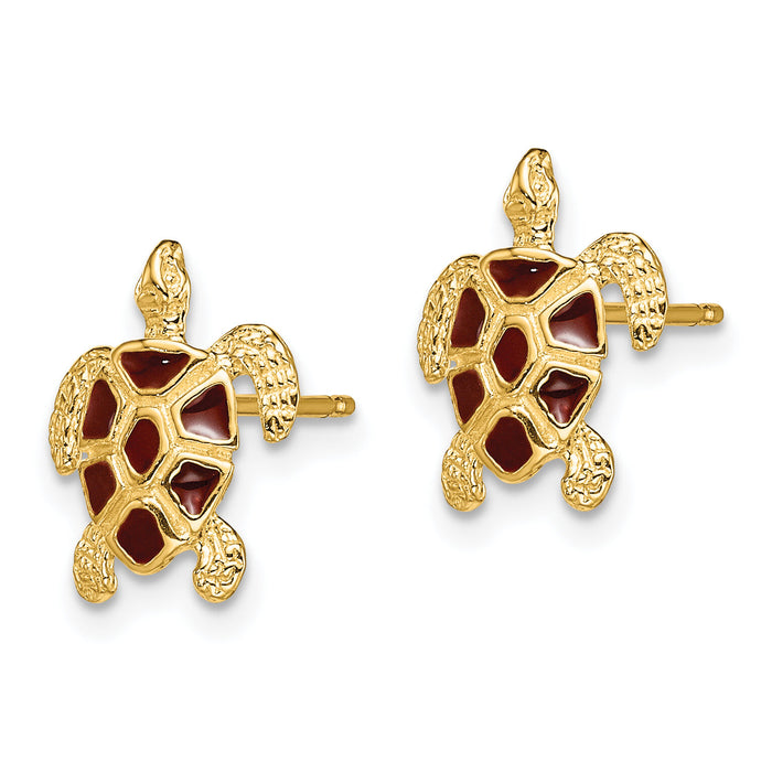 14K Sea Turtle  W/Brown Enamel Shell / Textured Post Earrings-TE705