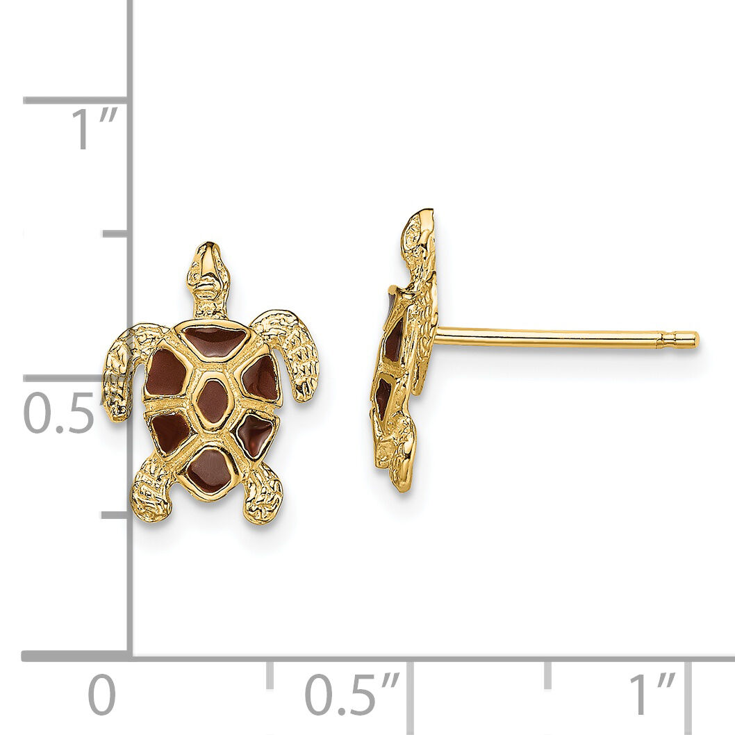 14K Sea Turtle  W/Brown Enamel Shell / Textured Post Earrings-TE705