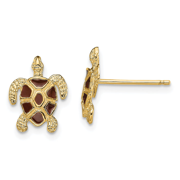 14K Sea Turtle  W/Brown Enamel Shell / Textured Post Earrings-TE705