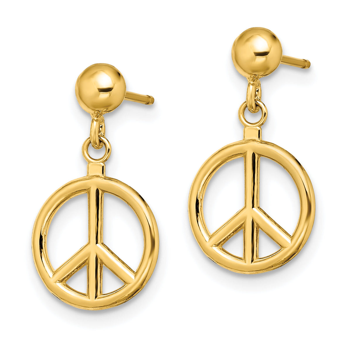 14K 3-D Polished Peace Symbol Dangle Earrings-TE718