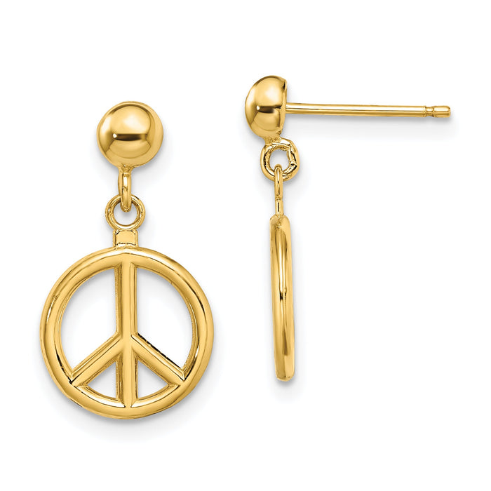 14K 3-D Polished Peace Symbol Dangle Earrings-TE718