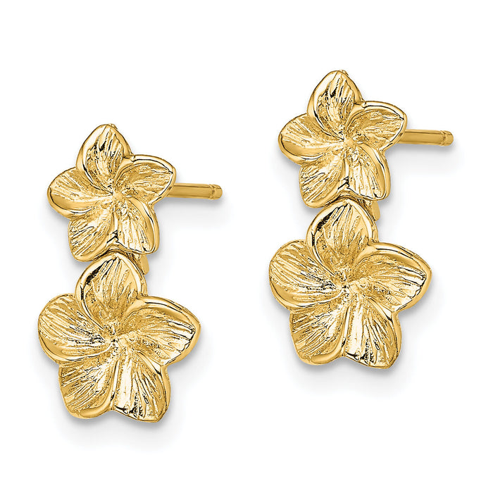 14K Double Plumeria Flower Post Dangle Earrings-TE722