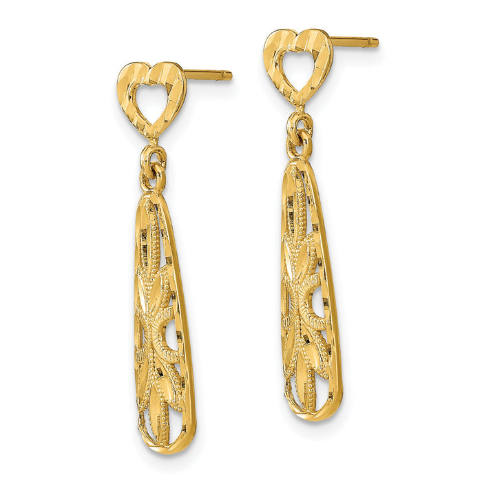 14K D/C Teardrop Heart Dangle Post Earrings-TE735