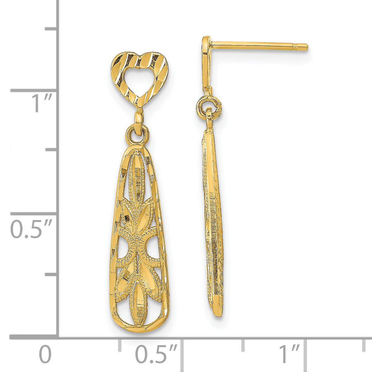 14K D/C Teardrop Heart Dangle Post Earrings-TE735