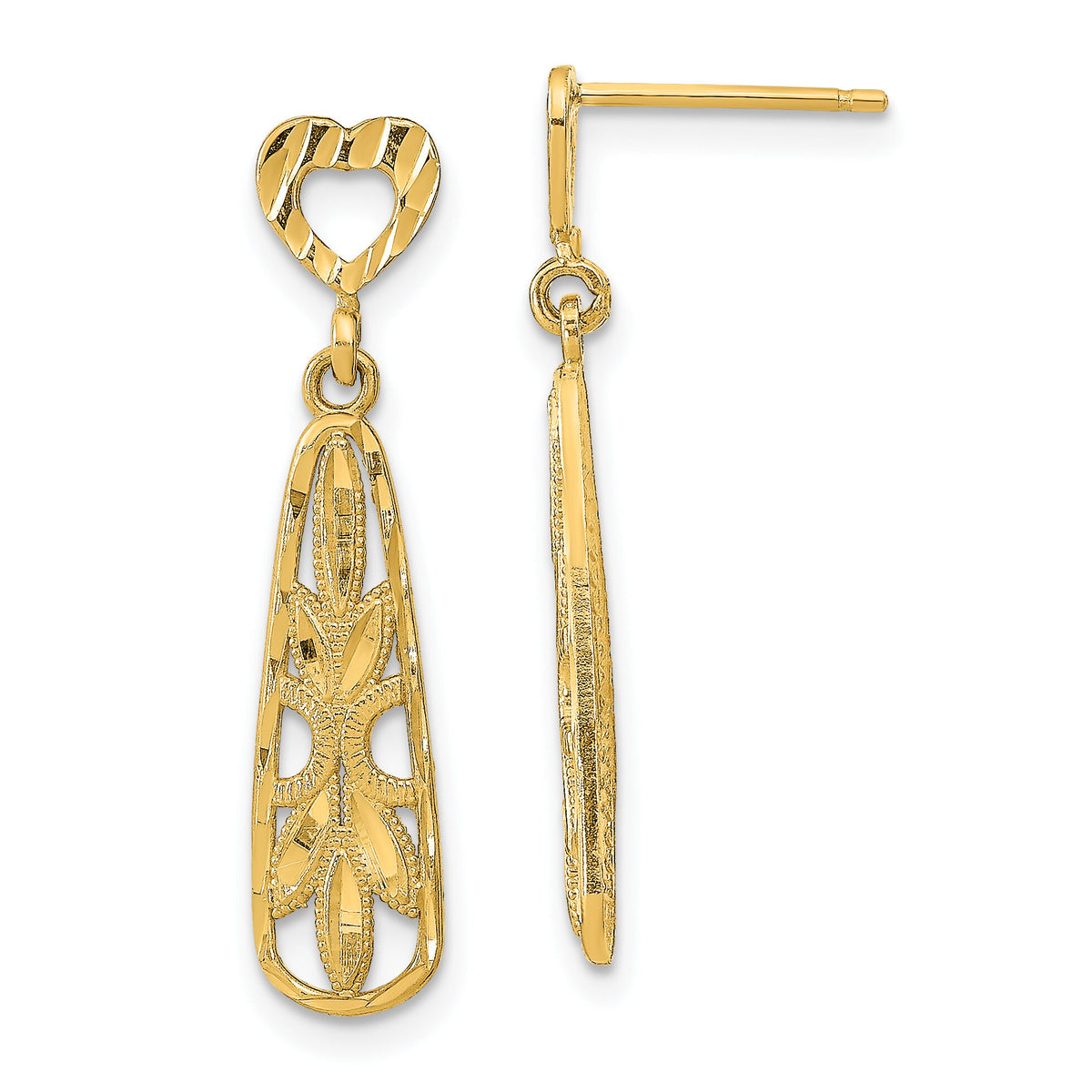 14K D/C Teardrop Heart Dangle Post Earrings-TE735