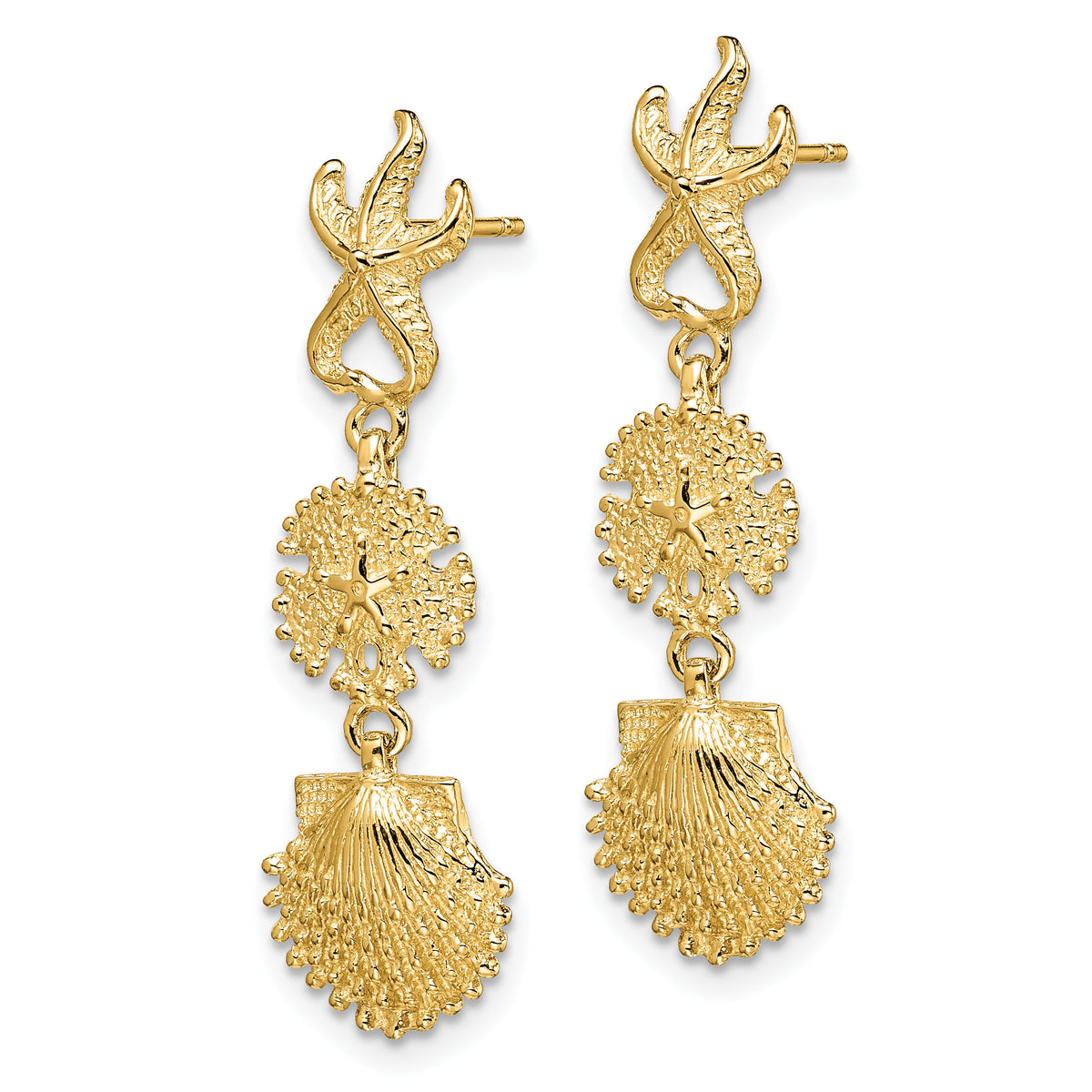 14K Starfish, Sand Dollar ,Scallop Shell Dangle Earrings-TE744