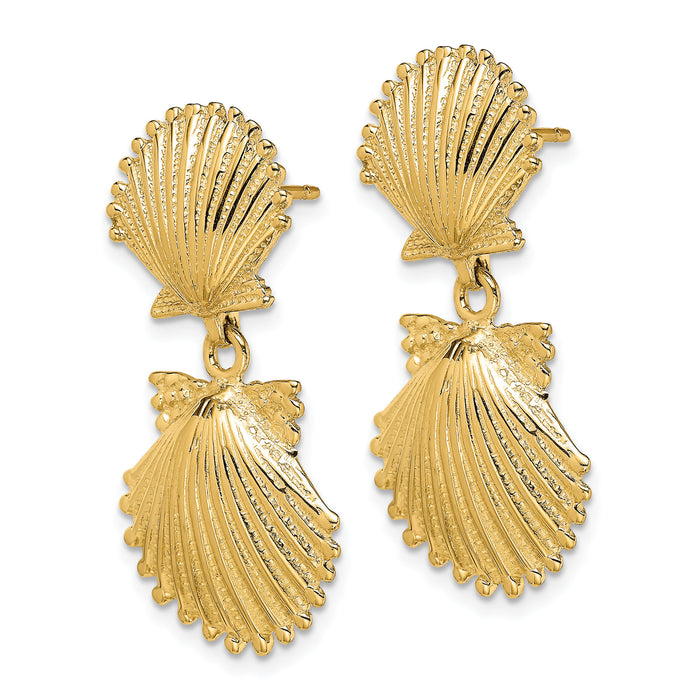 14K Double Scallop Shell Dangle Earrings-TE746