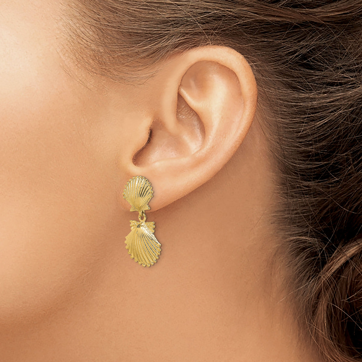 14K Double Scallop Shell Dangle Earrings-TE746