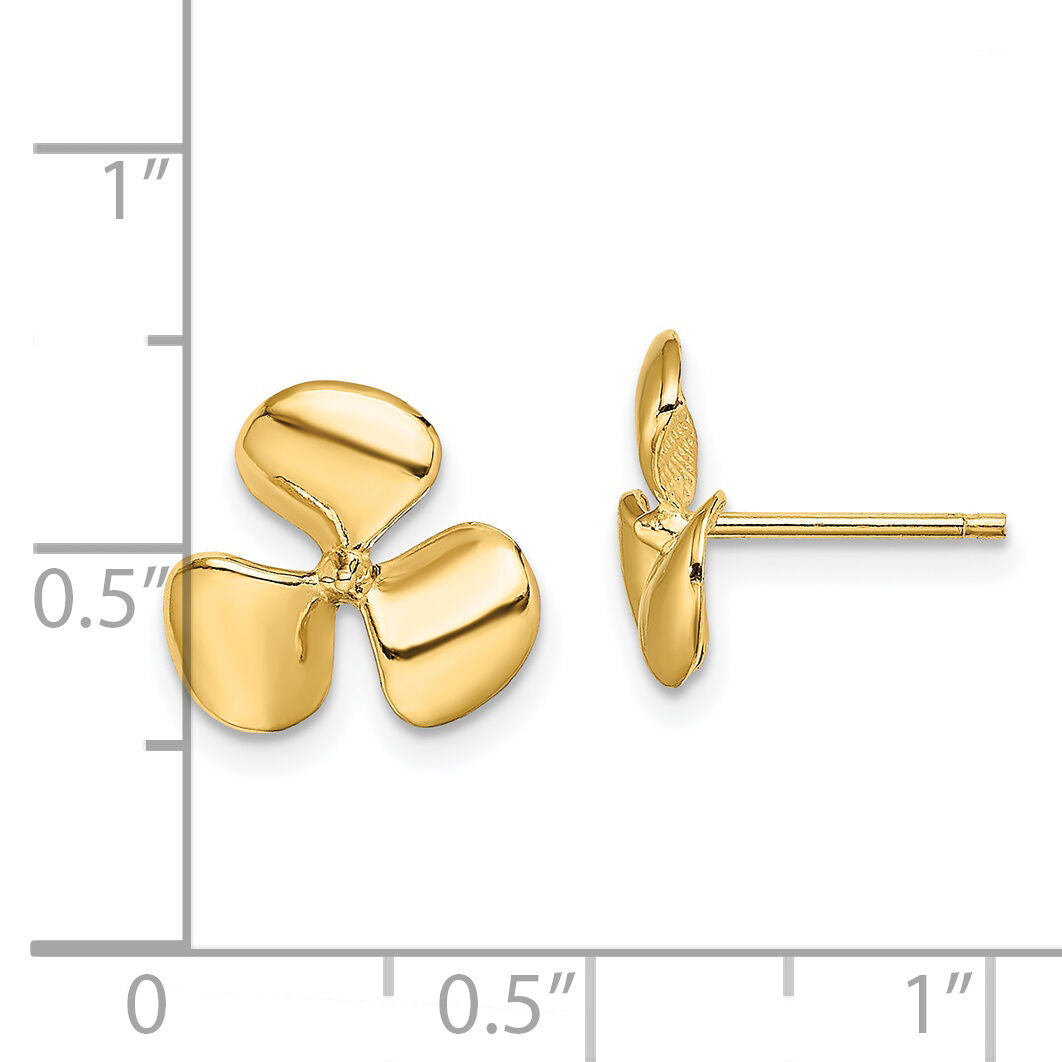 14K Polished Three Blade Propeller w/ Center Bead Post Earrings-TE747