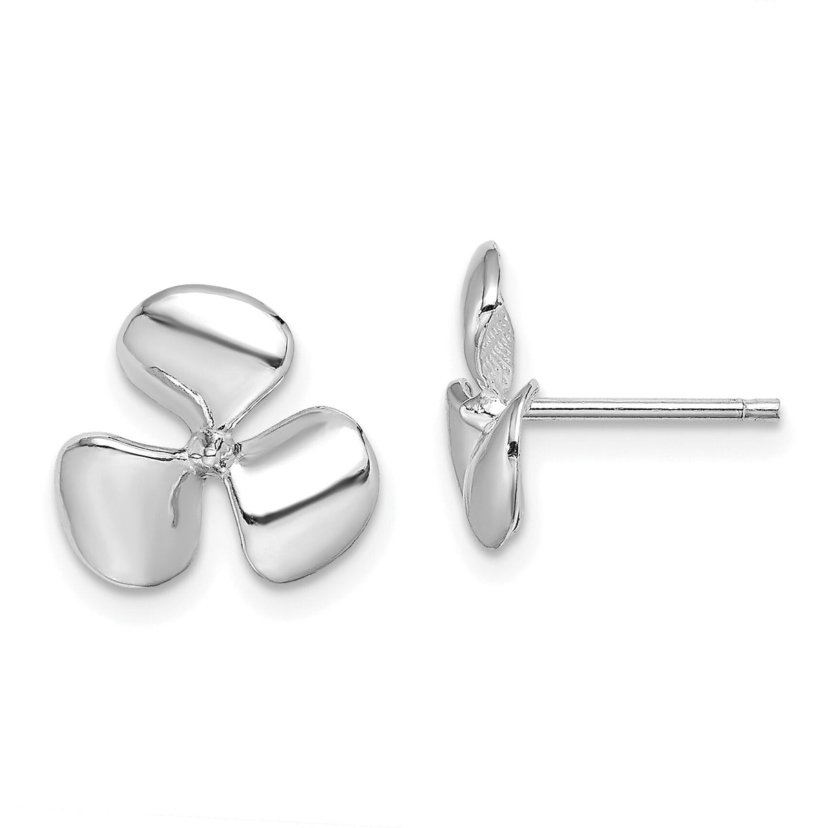 14K White Gold Polished Three Blade Propeller w/ Center Bead Post Earrings-TE747W