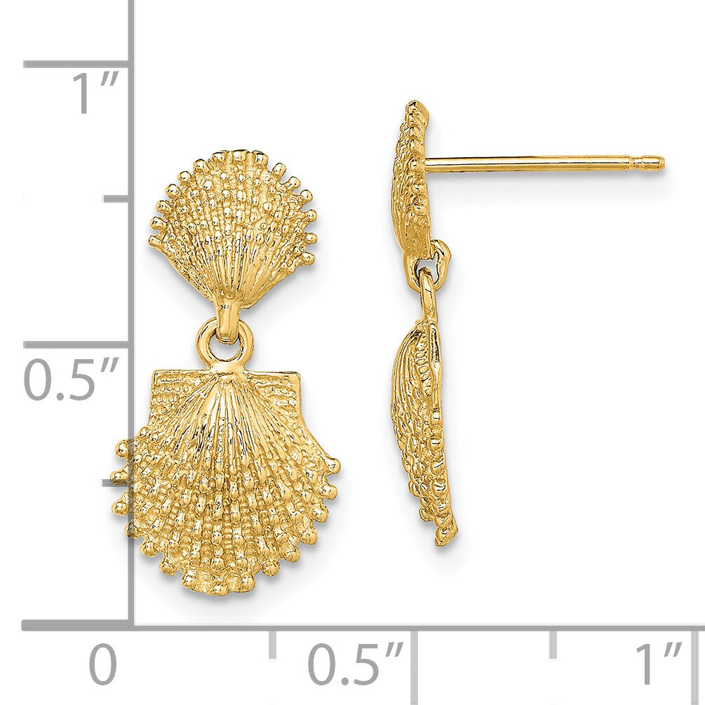 14K Double Beaded Scallop Shell Dangle Earrings-TE755