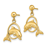14K 2-D Polished Dolphin Jumping Through Hoop Earrings-TE764