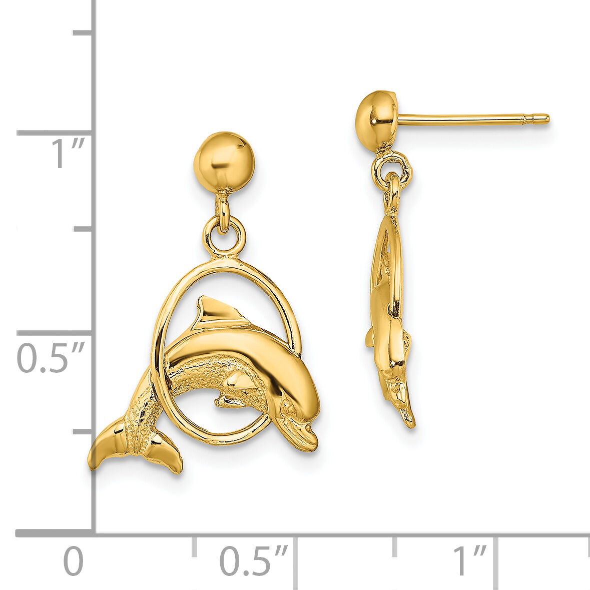 14K 2-D Polished Dolphin Jumping Through Hoop Earrings-TE764