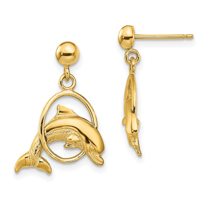 14K 2-D Polished Dolphin Jumping Through Hoop Earrings-TE764