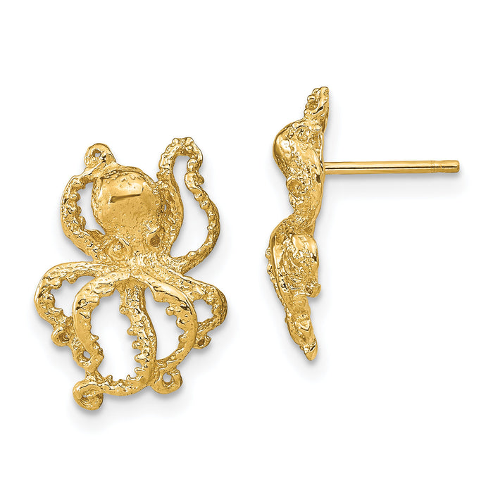 14K 2-D Polished Octopus Post Earrings-TE769