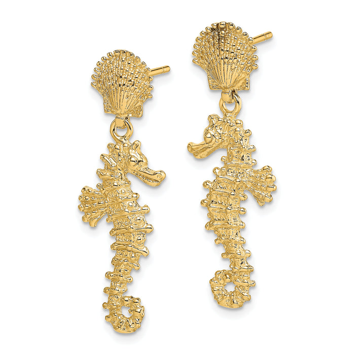 14K Seahorse Dangling From Shell Earrings-TE797
