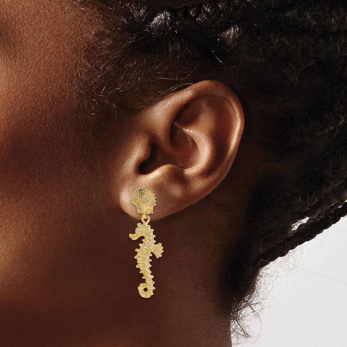 14K Seahorse Dangling From Shell Earrings-TE797