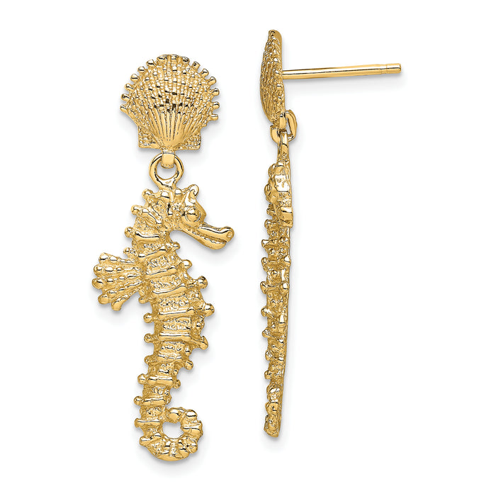 14K Seahorse Dangling From Shell Earrings-TE797