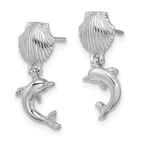 14K White Gold Dolphin Dangle From Mini Scallop Earrings-TE804W