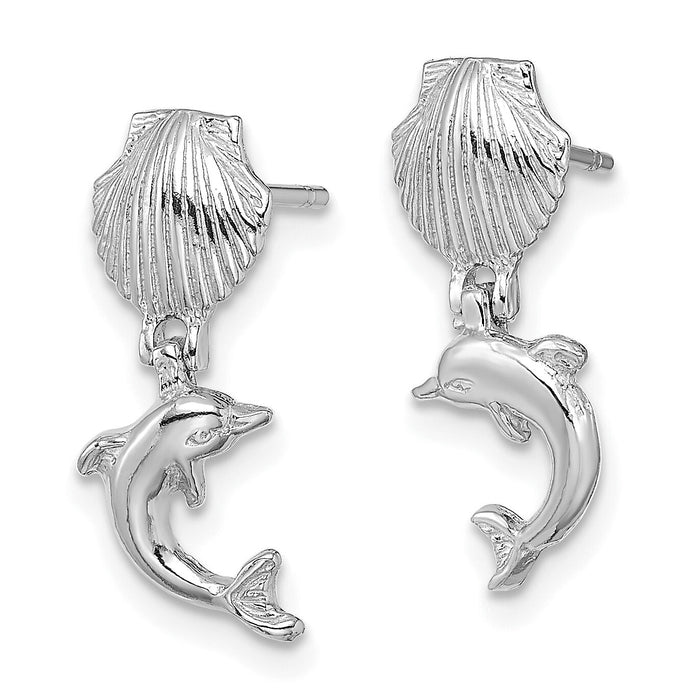 14K White Gold Dolphin Dangle From Mini Scallop Earrings-TE804W