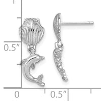 14K White Gold Dolphin Dangle From Mini Scallop Earrings-TE804W