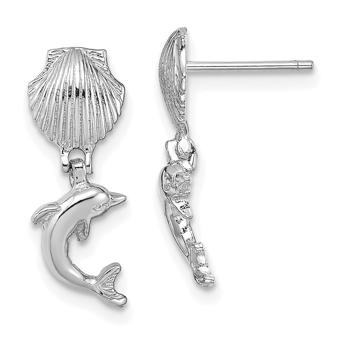 14K White Gold Dolphin Dangle From Mini Scallop Earrings-TE804W