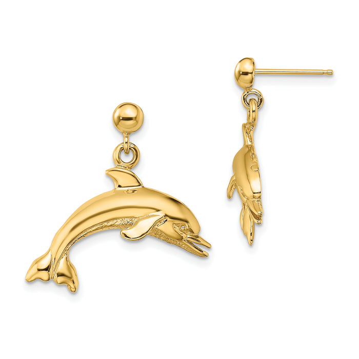14K Jumping Dolphin Dangle Earrings-TE844