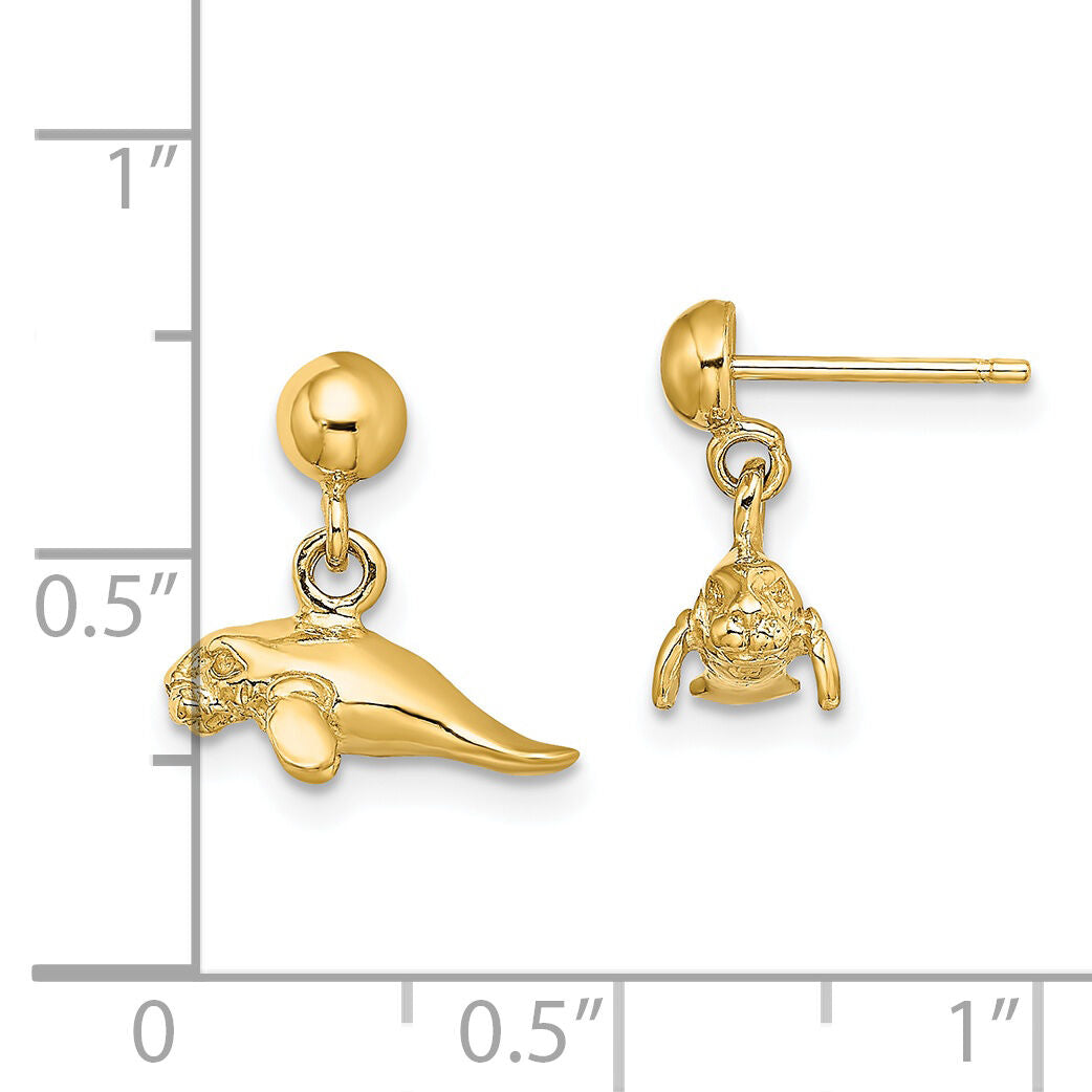 14K 3-D Polished Mini Manatee Dangle Earrings-TE845