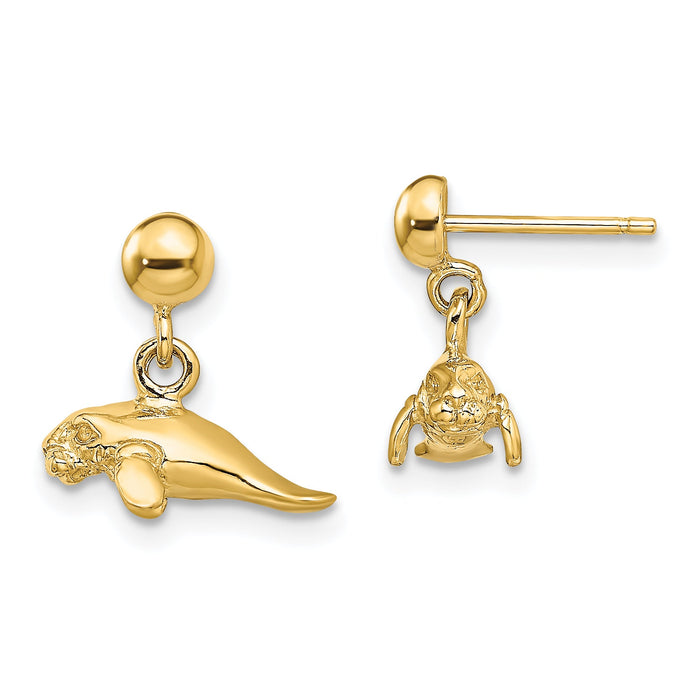 14K 3-D Polished Mini Manatee Dangle Earrings-TE845