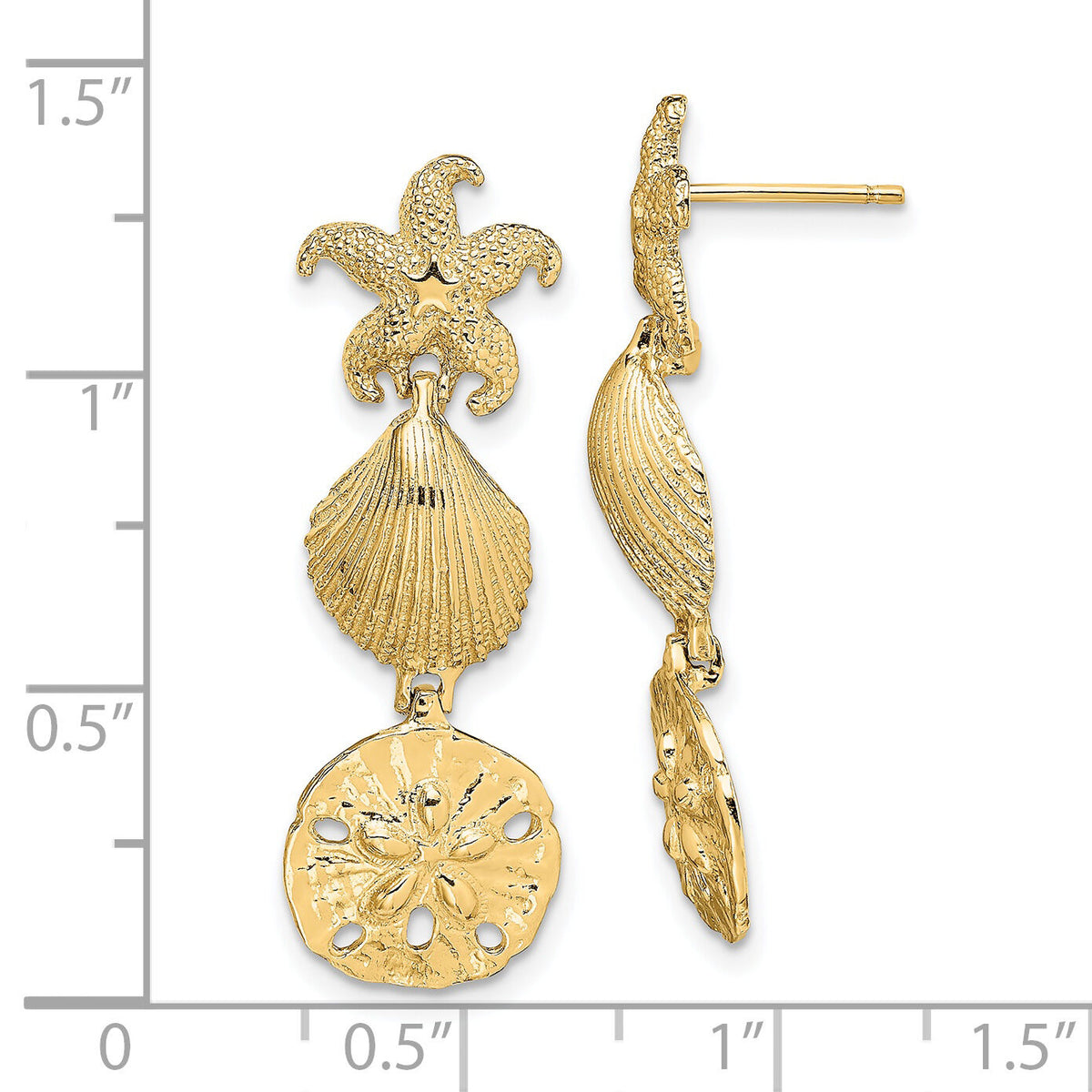 14K Starfish, Shell ,Sand Dollar Dangle Earrings-TE846