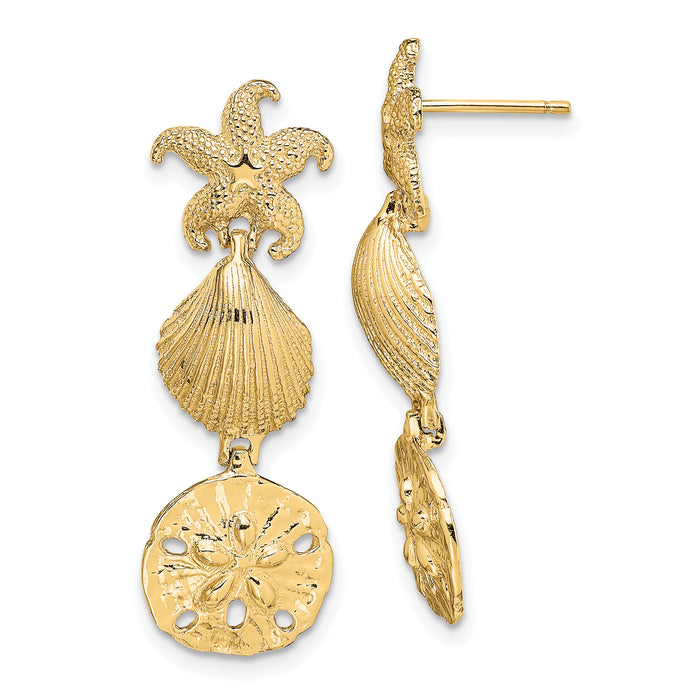14K Starfish, Shell ,Sand Dollar Dangle Earrings-TE846