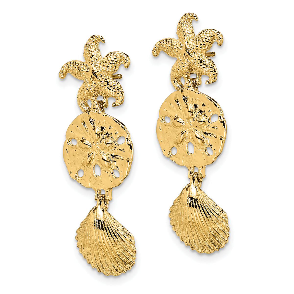 14K D/C Starfish, Shell ,Sand Dollar Dangle Earrings-TE847