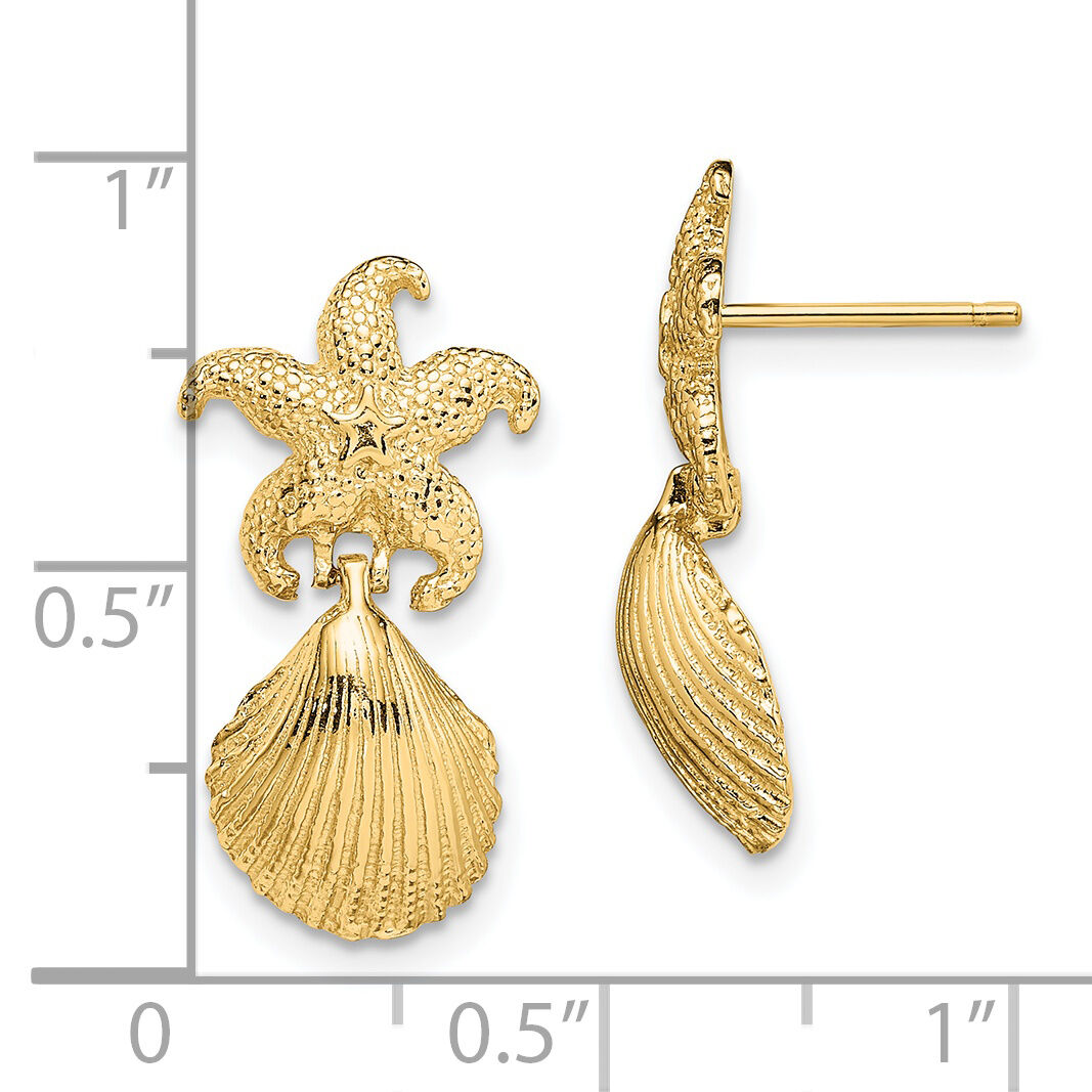 14K Starfish /Scallop Shell Dangle Earrings-TE849