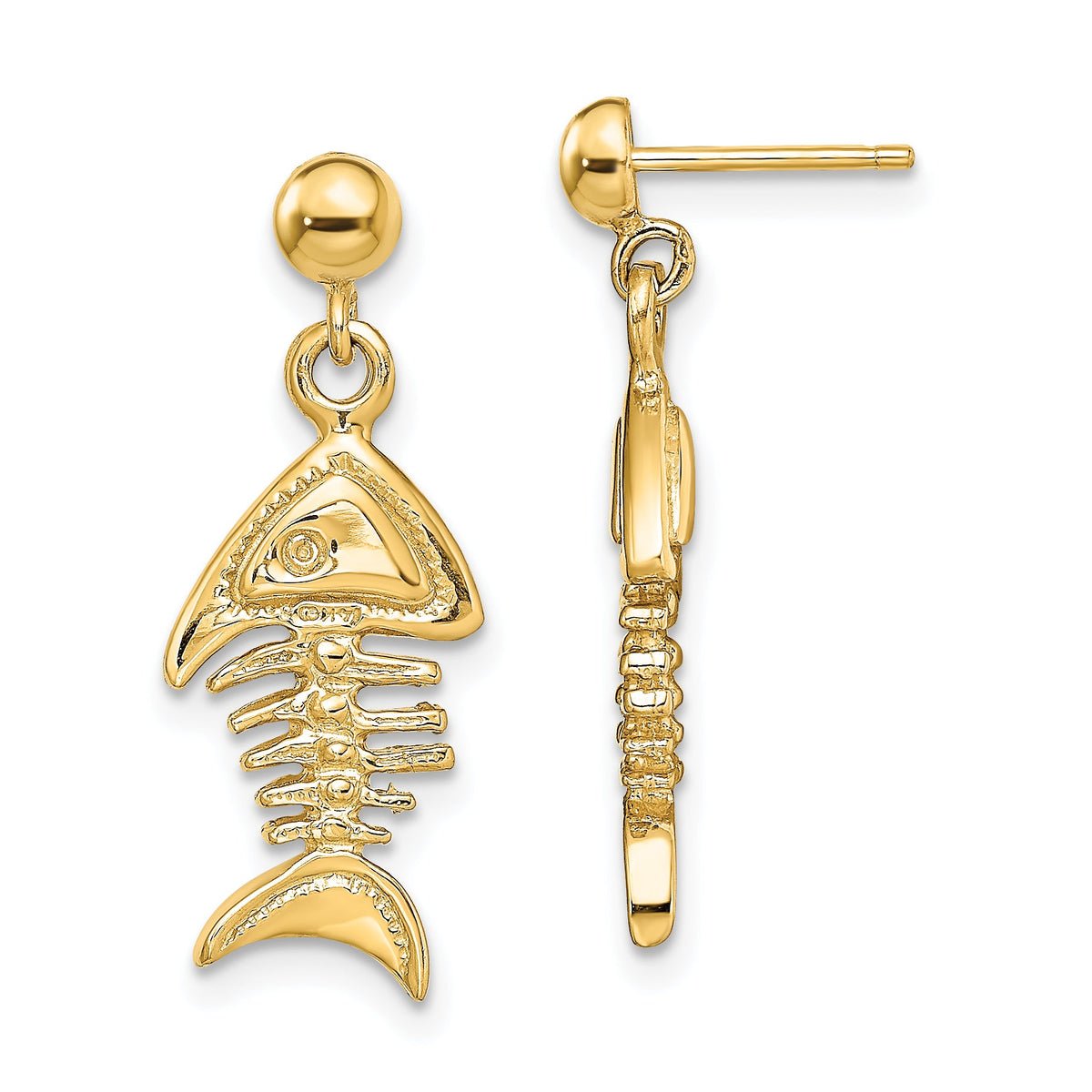 14K 3-D Fishbone Dangle Earrings-TE856