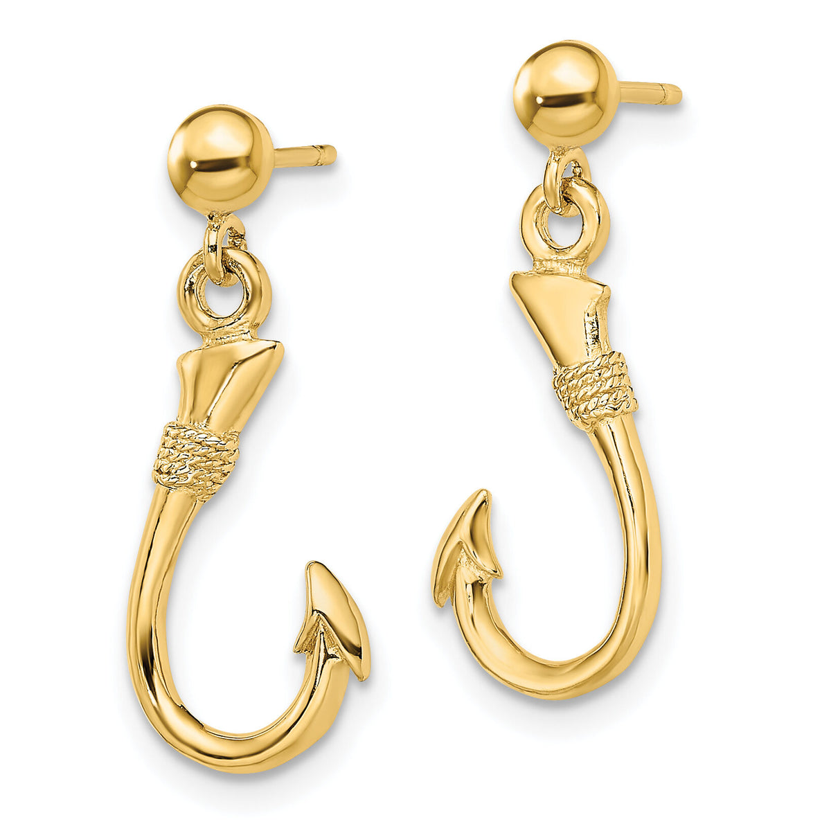 14K 3-D Fish Hook Dangle Earrings-TE858