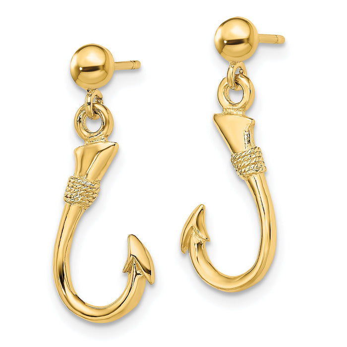 14K 3-D Fish Hook Dangle Earrings-TE858