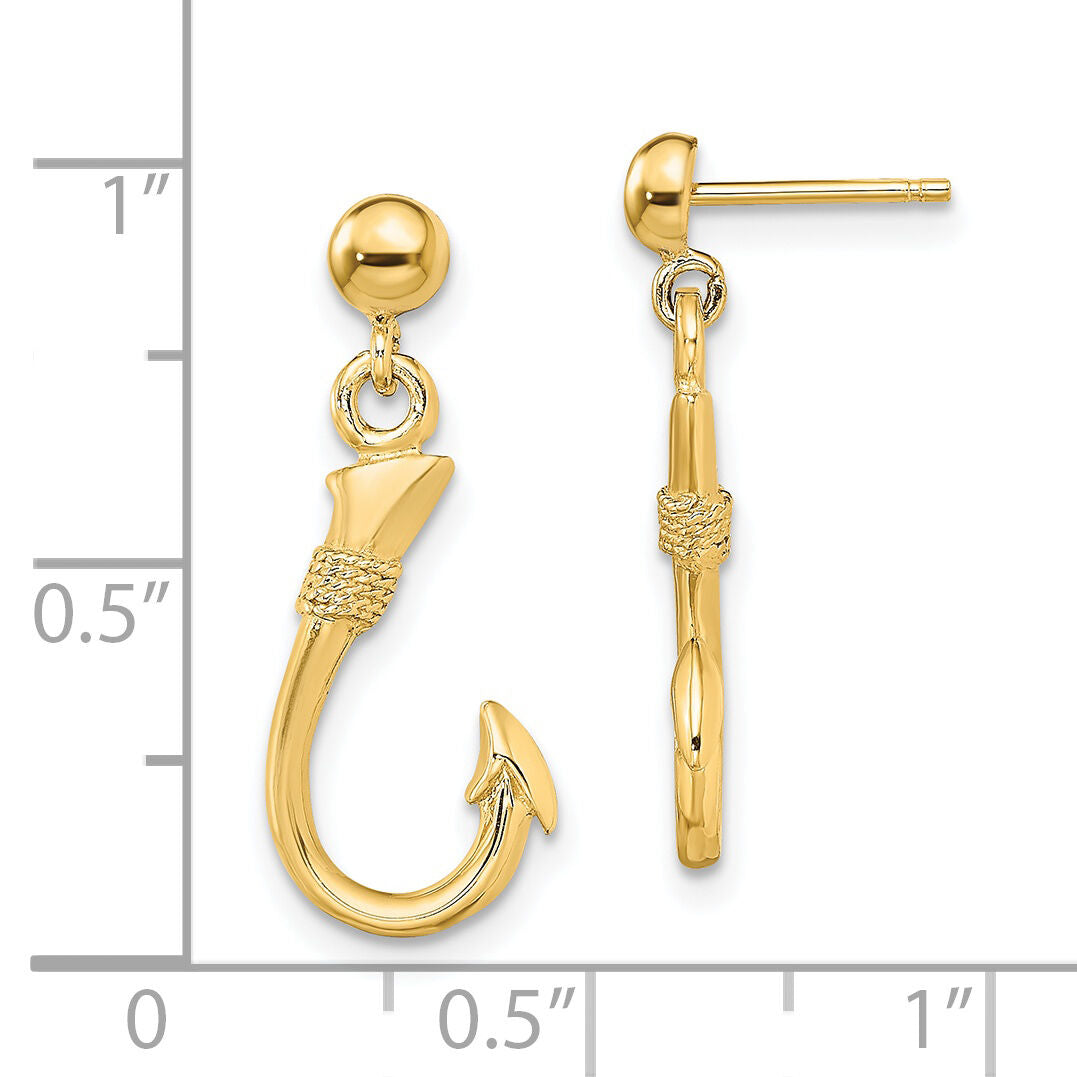 14K 3-D Fish Hook Dangle Earrings-TE858
