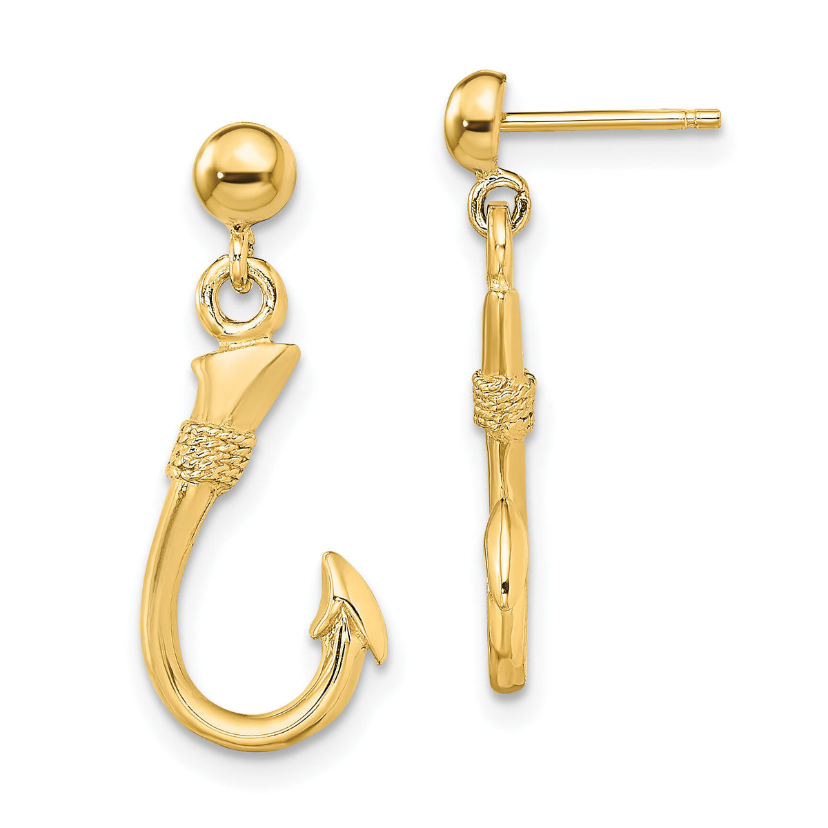 14K 3-D Fish Hook Dangle Earrings-TE858