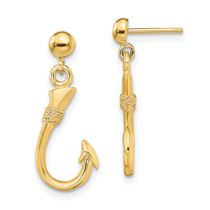 14K 3-D Fish Hook Dangle Earrings-TE858